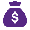 A purple money bag icon on a transparent background, representing financial transactions.