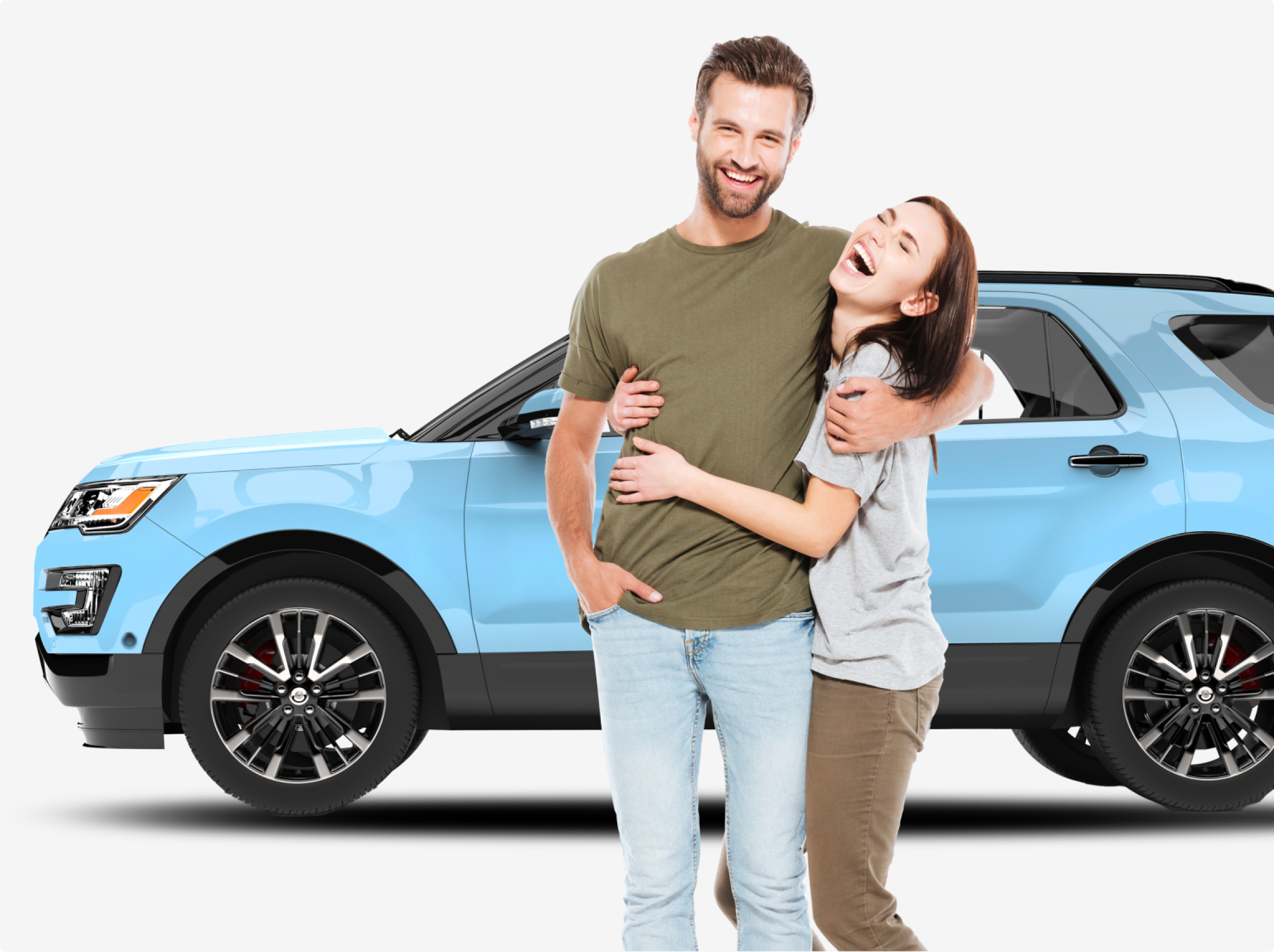 A man and woman standing in front of a blue suv, discussing their novated lease.