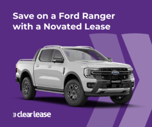 Promotional image featuring a white ford ranger on a purple background with text, "save on a ford ranger with a novated lease" and the clearlease logo.