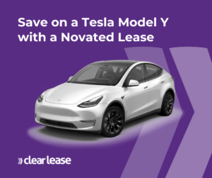 Advertisement showing a white tesla model y with text promoting savings through a novated lease from clearlease.