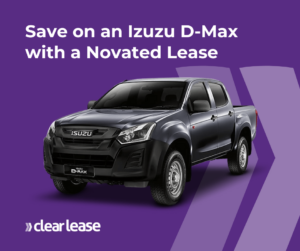 Promotional image of a black isuzu d-max pickup truck with the caption "save on an isuzu d-max with a novated lease" from clearlease.